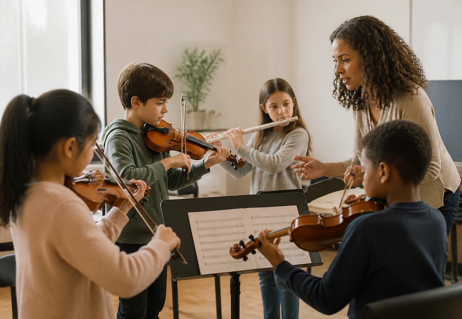 Four school-age students playing violins and flute with a professional instructor in a small group lesson